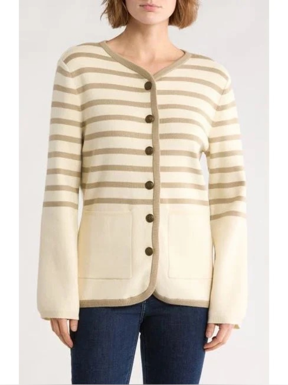 NWT Rag & Bone Dee Stripe Long Cardigan Sweater L Cream Taupe Retail $478